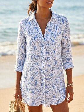Sigrid Olsen Linen Seahorse Print Tunic Top size S